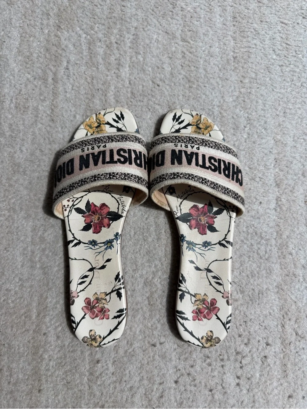 Dior Floral Logo Slide Sandals in Cream, Pink and Yellow